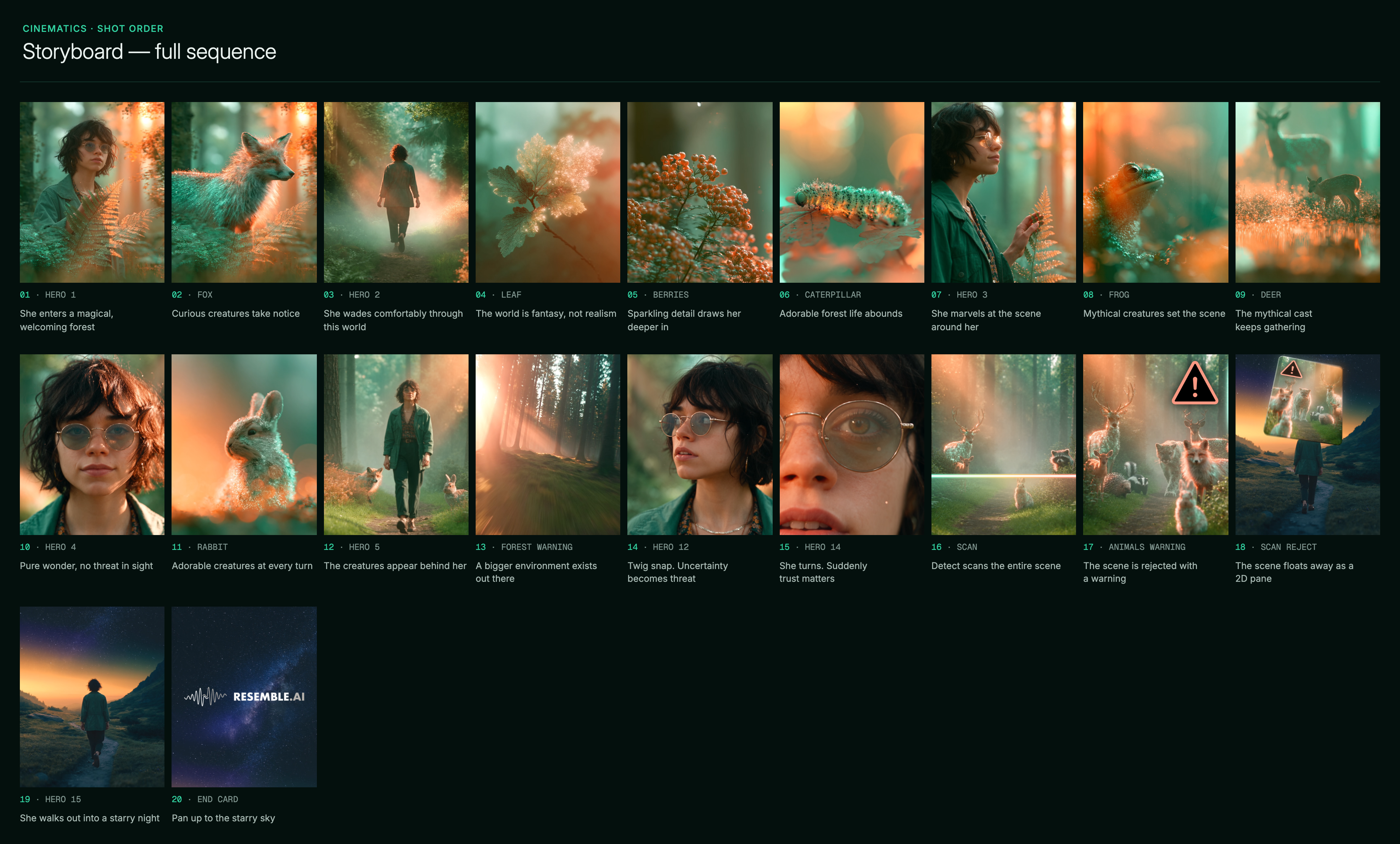 Original twenty-frame storyboard for Resemble AI DETECT-World, exploring cinematic imagery, detection overlays and the launch narrative